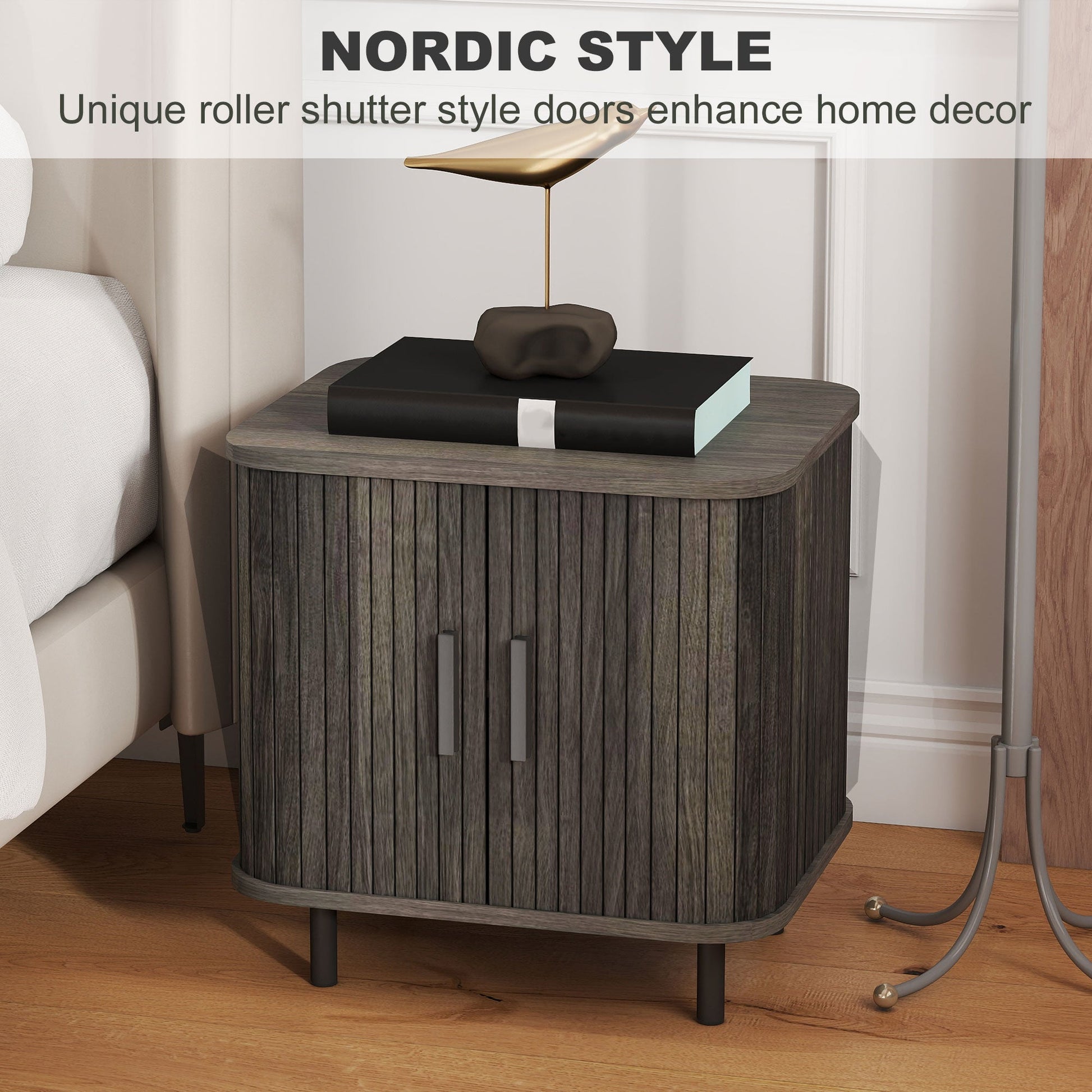 Bedside Table, Nordic Side Table with Roller Shutter Style Sliding Doors and Metal Legs for Bedroom, Living Room, Grey