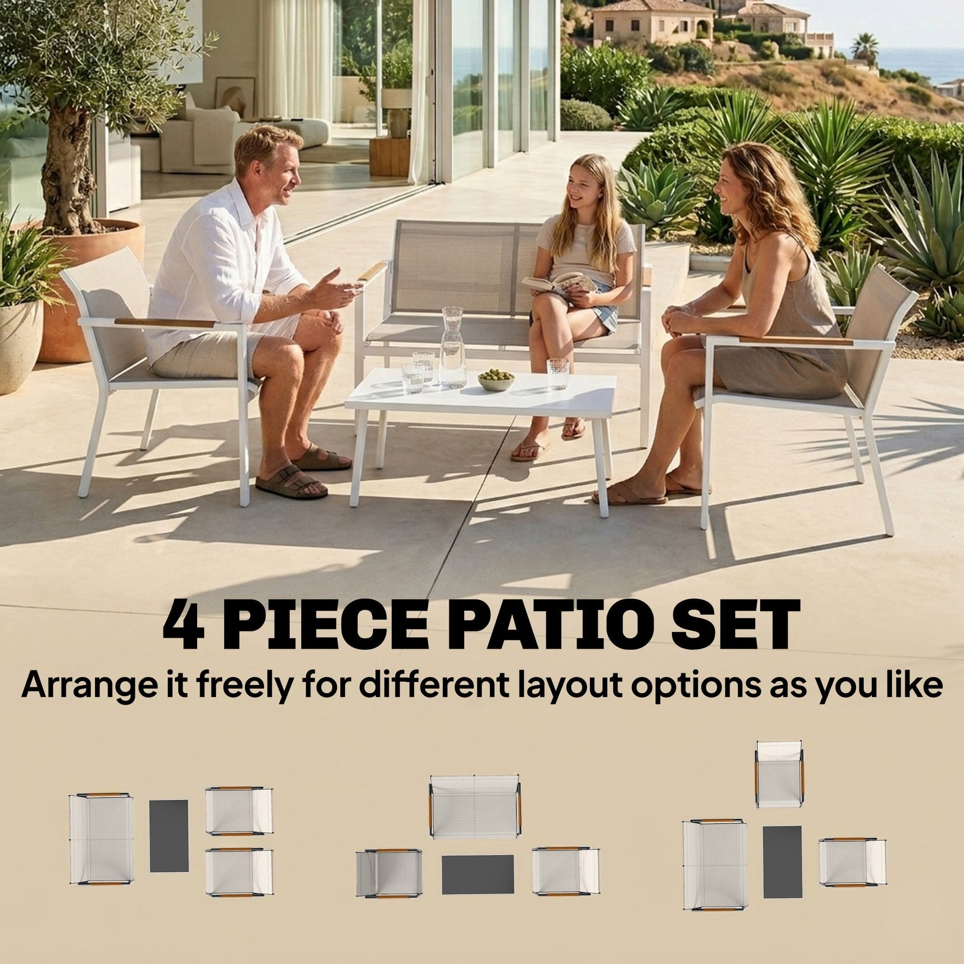 4 Seater Garden Furniture Set with Loveseat, Armchairs, Table, Metal Garden Sofa Set with Breathable Seats, Khaki