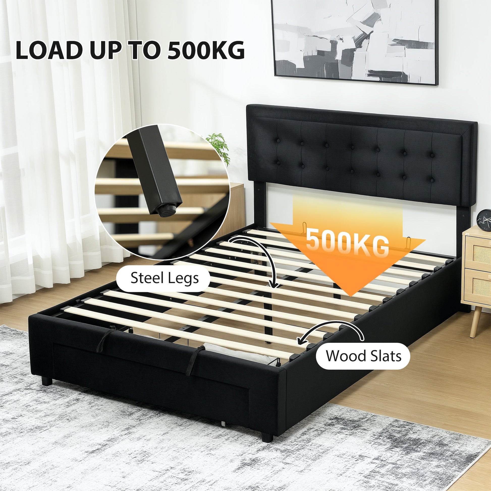 Double Ottoman Bed Frame, with Front Drawer - Black