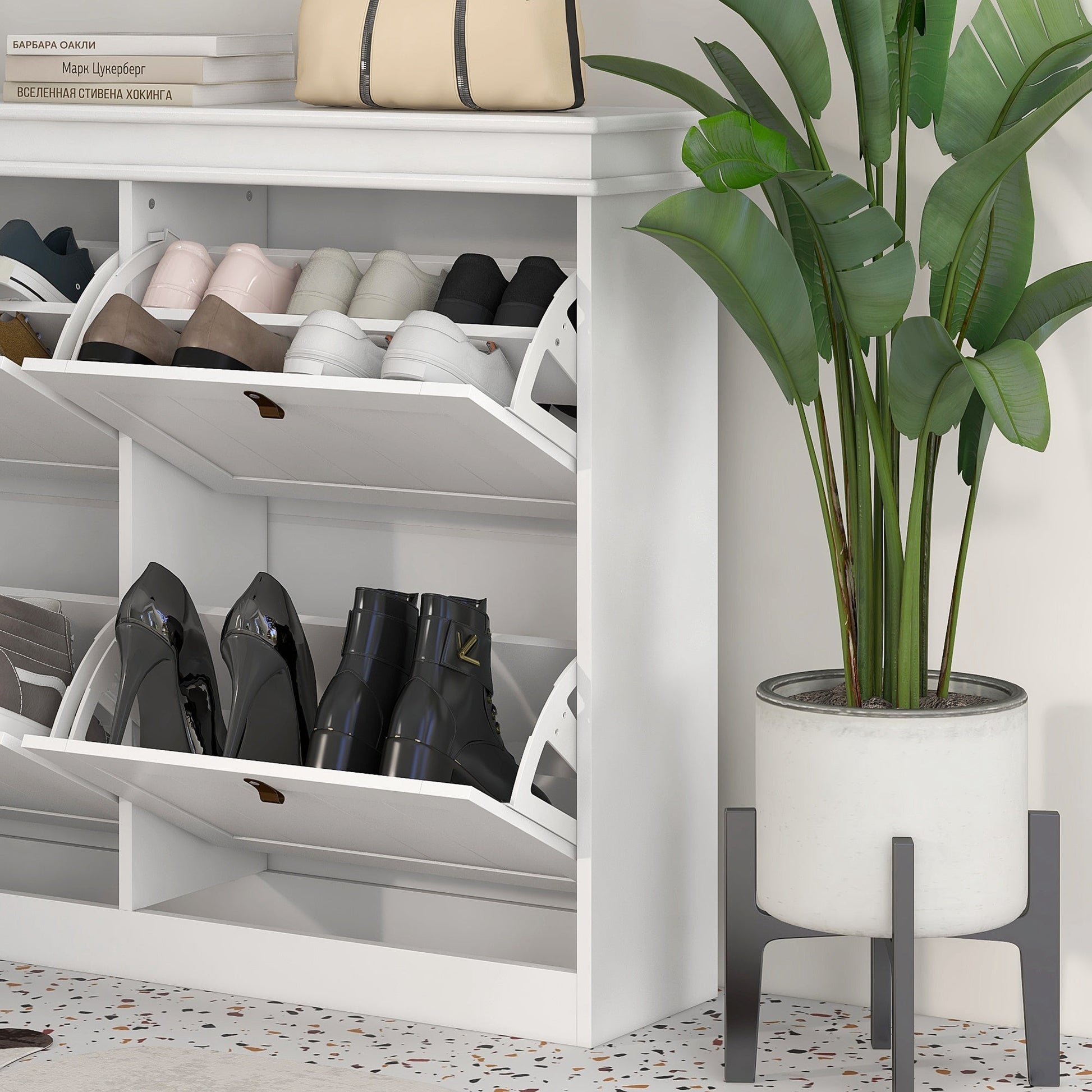 Slim Shoe Cabinet, Shoe Cabinet with 4 Drop-Down Drawers, 105W x 24D x 82.5H cm,  White