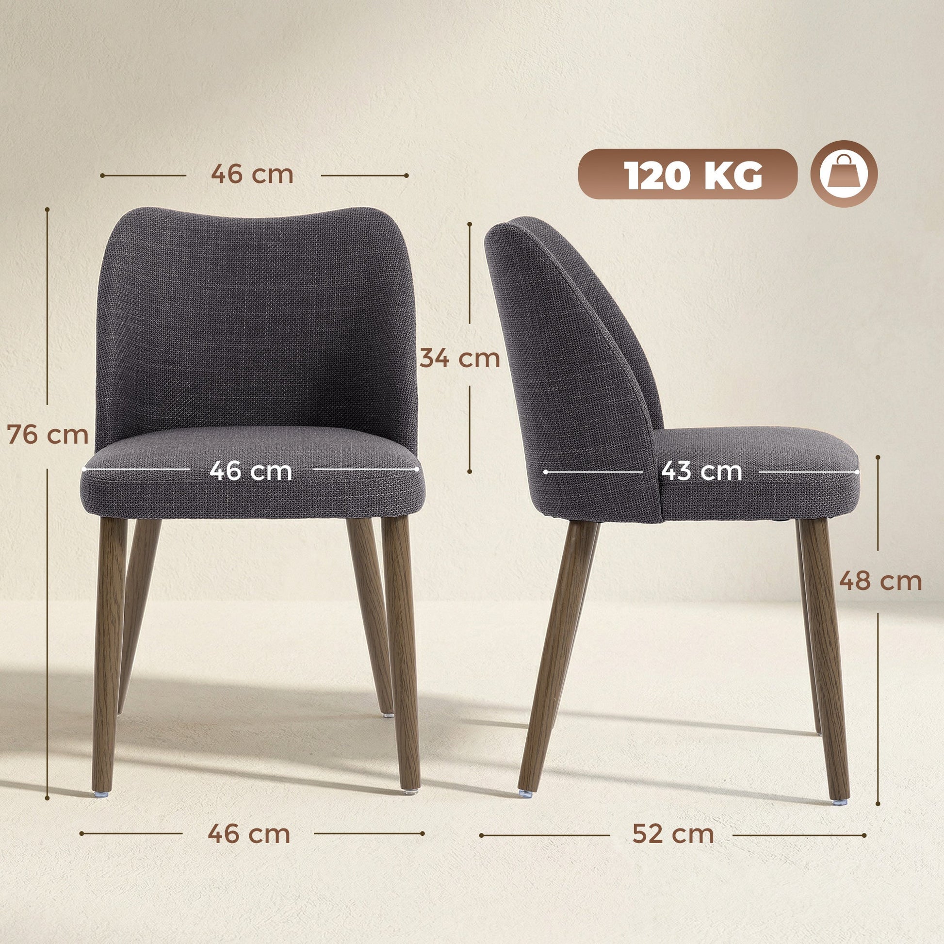 Dining Chairs Set of 2, Linen Upholstered Kitchen Chairs with Padded Seat, Curved Backrest, Rubberwood Legs, Dark Grey