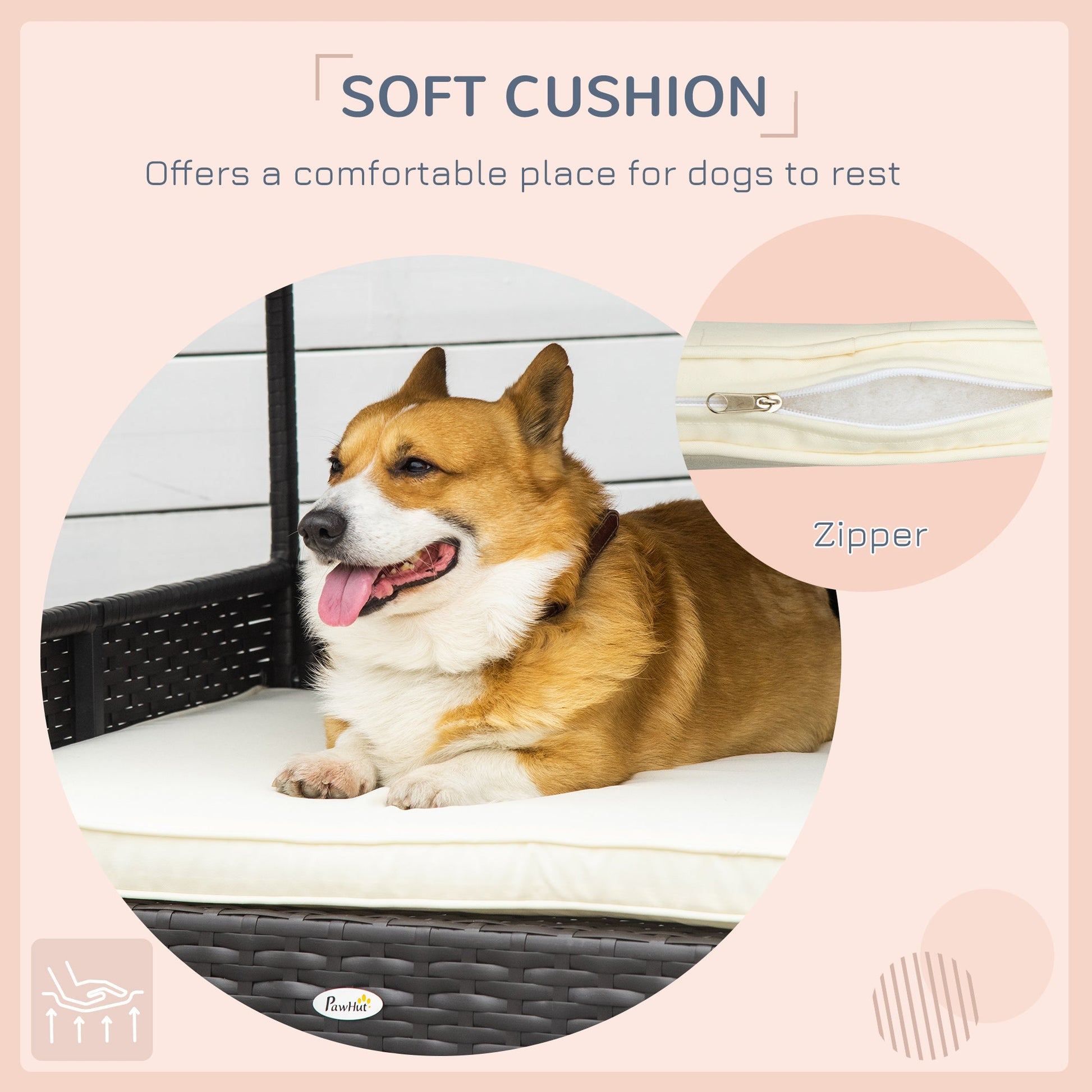 Wicker Dog House, Rattan Pet Bed, with Removable Cushion, Canopy, for Small and Medium Dogs - Cream
