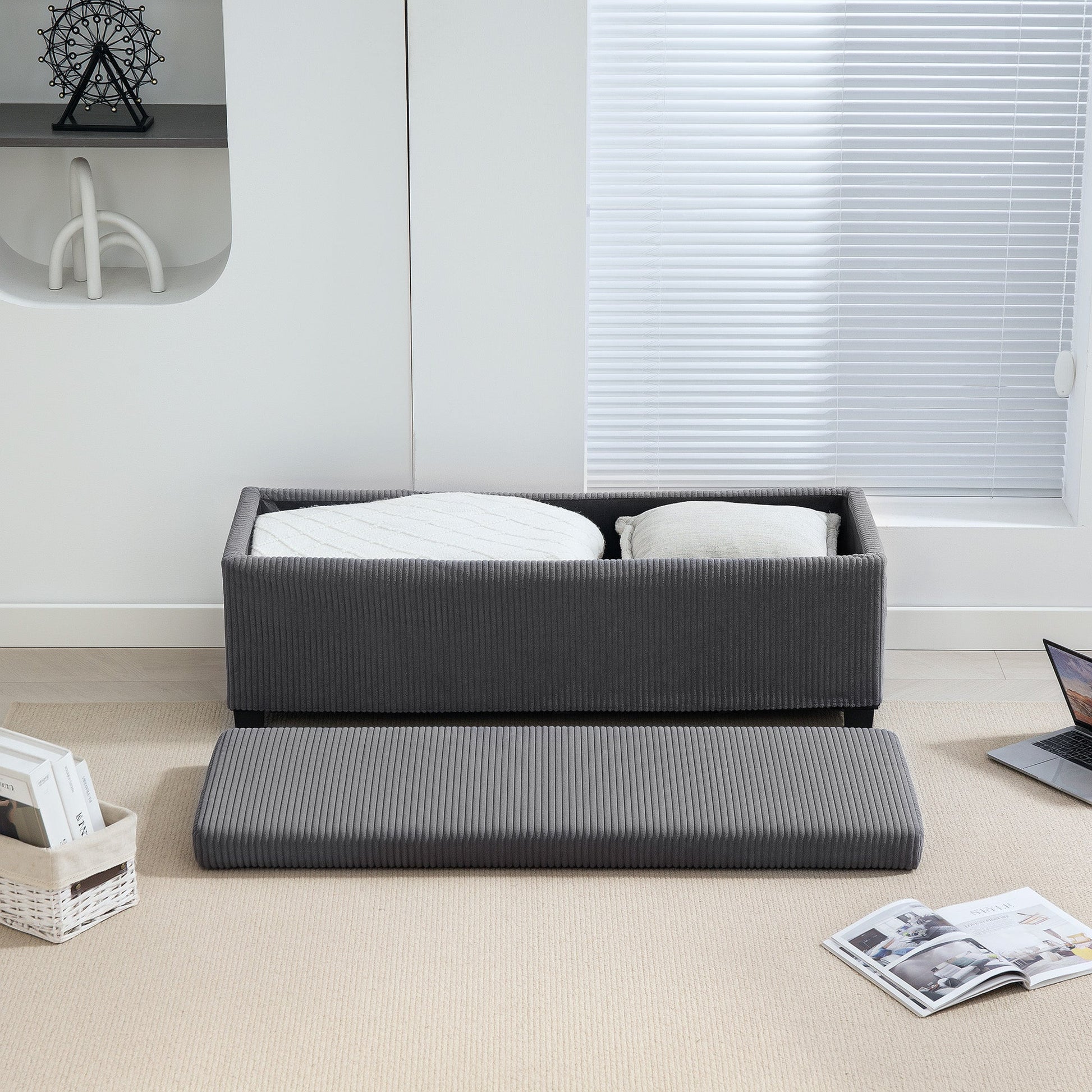 Storage Ottoman Bench, Corduroy Footstool with Removable Lid and Legs, 112cm Storage Chest Box for Living Room, Bedroom, Hallway, Grey