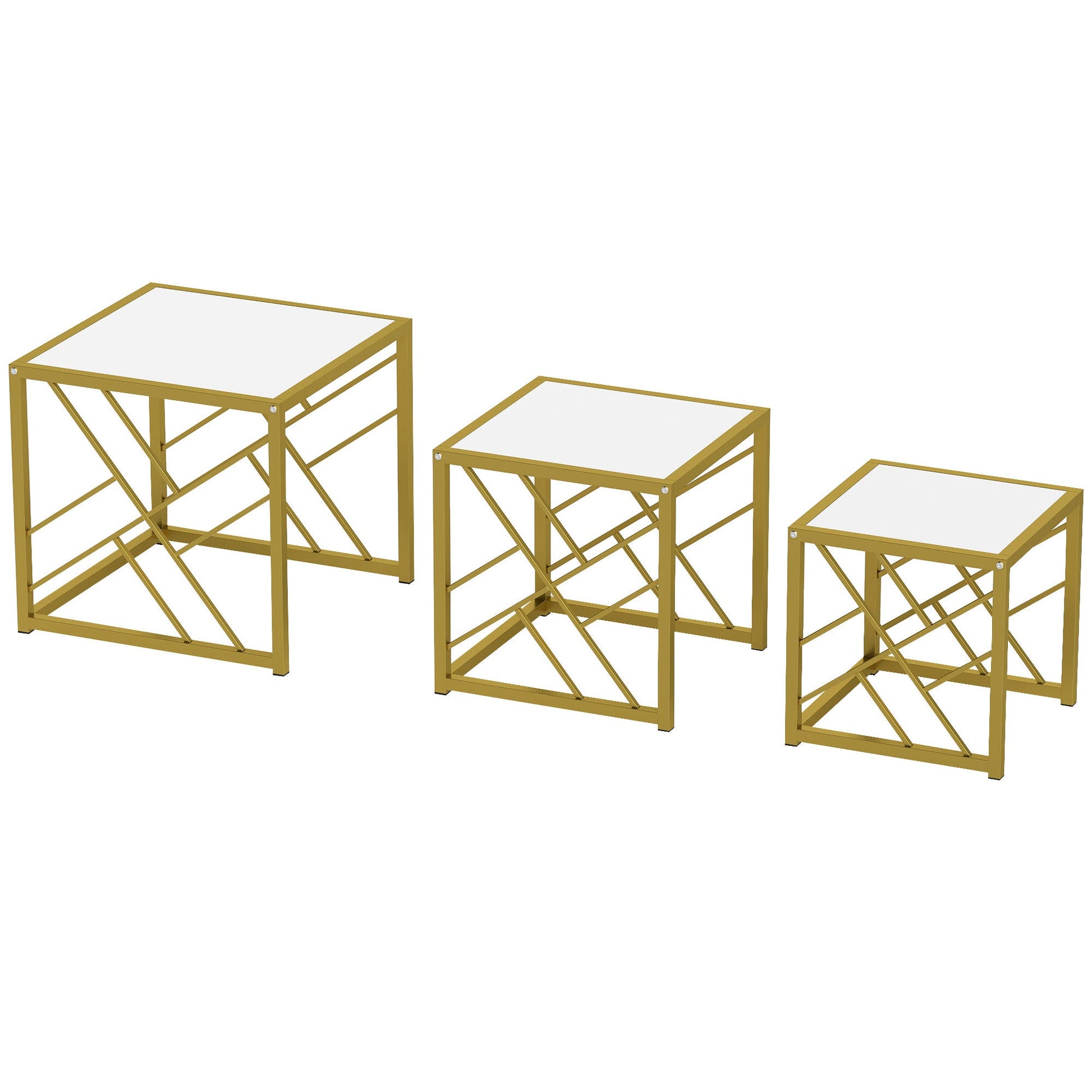 Nesting Coffee Tables, Set of 3 Square Side Tables with Black Metal Frame, for Living Room, Bedroom and Office, White