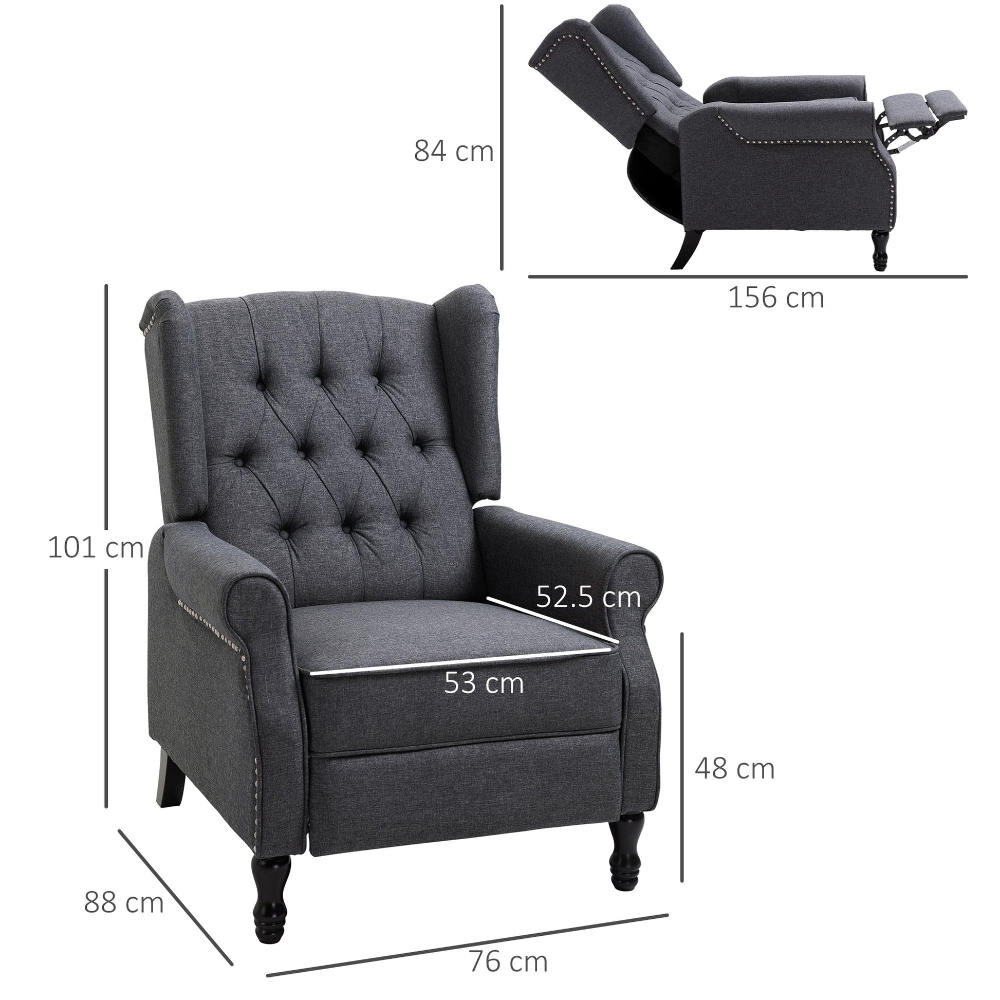Recliner Armchair, Vintage Reclining Chair with Nail Head Trim, Wingback Chair with Button Tufted Back and Footrest, for Living Room, Dark Grey
