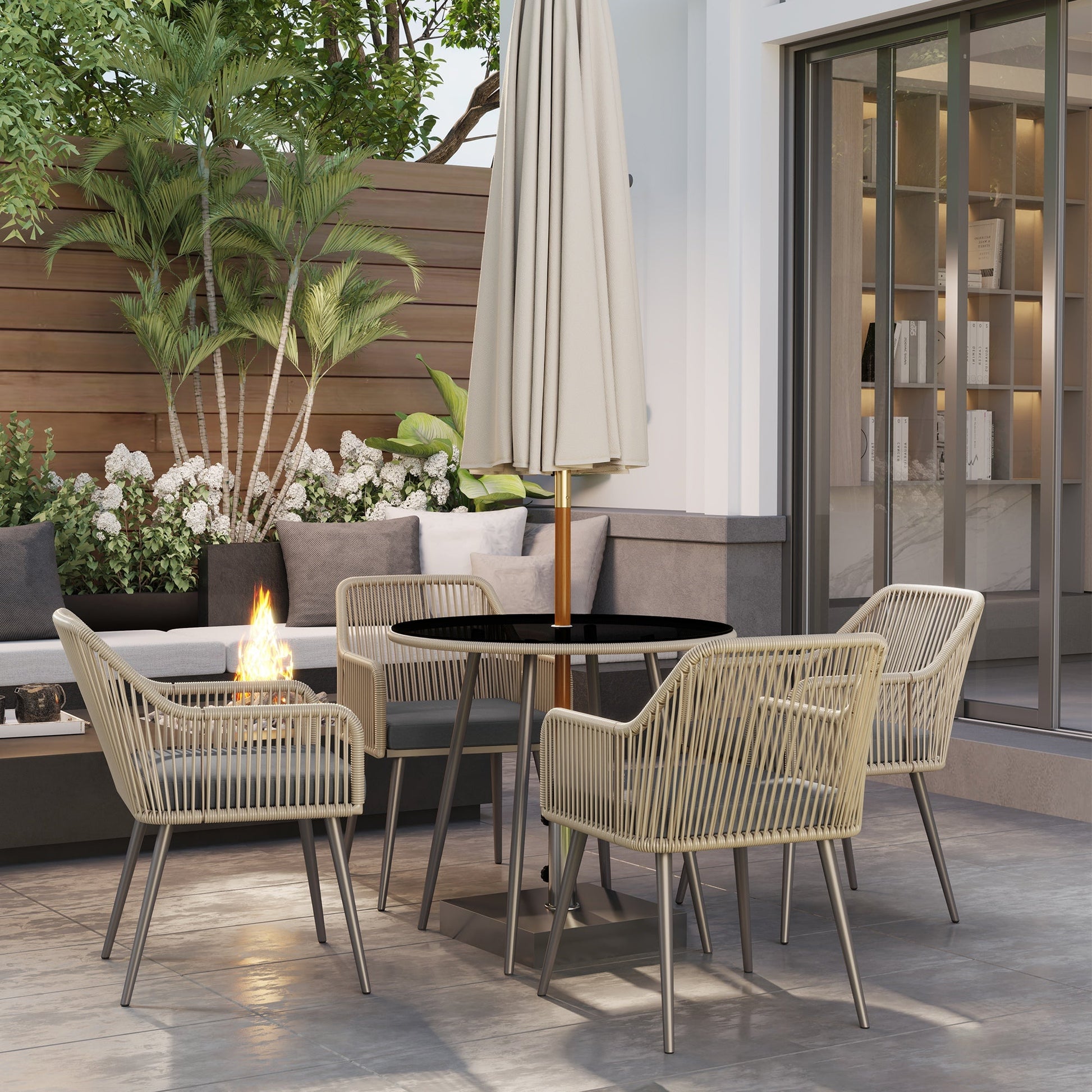 4 Seater Rattan Dining Set, Rattan Garden Furniture Set with Parasol Hole, Outdoor Dining Table and Chairs Set with Cushions, Round Glass Top Table for Patio, Balcony, Light Brown
