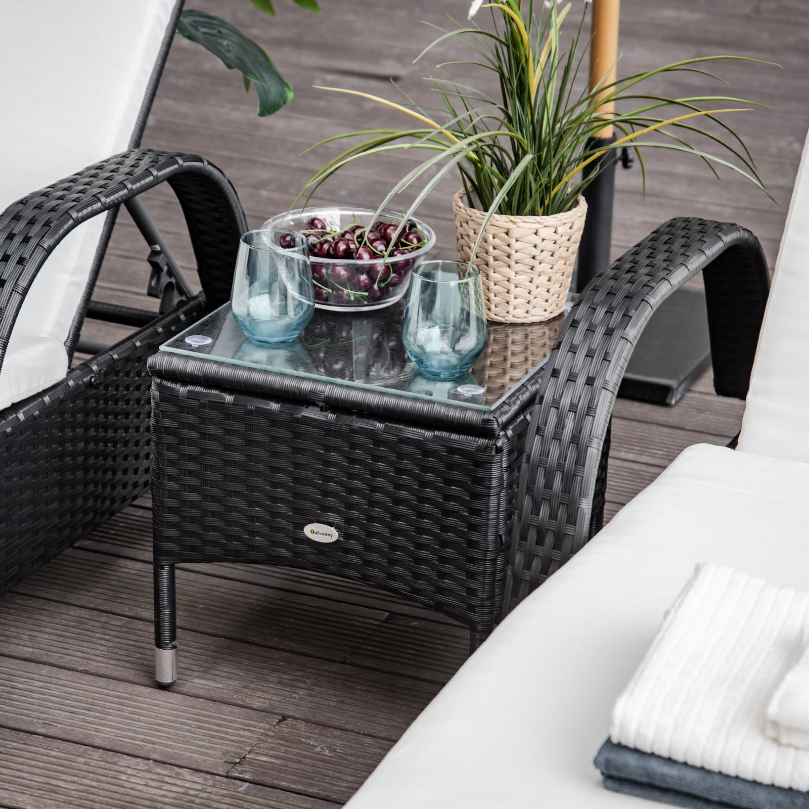 2 Seater Rattan Sun Lounger Set with Side Table Black