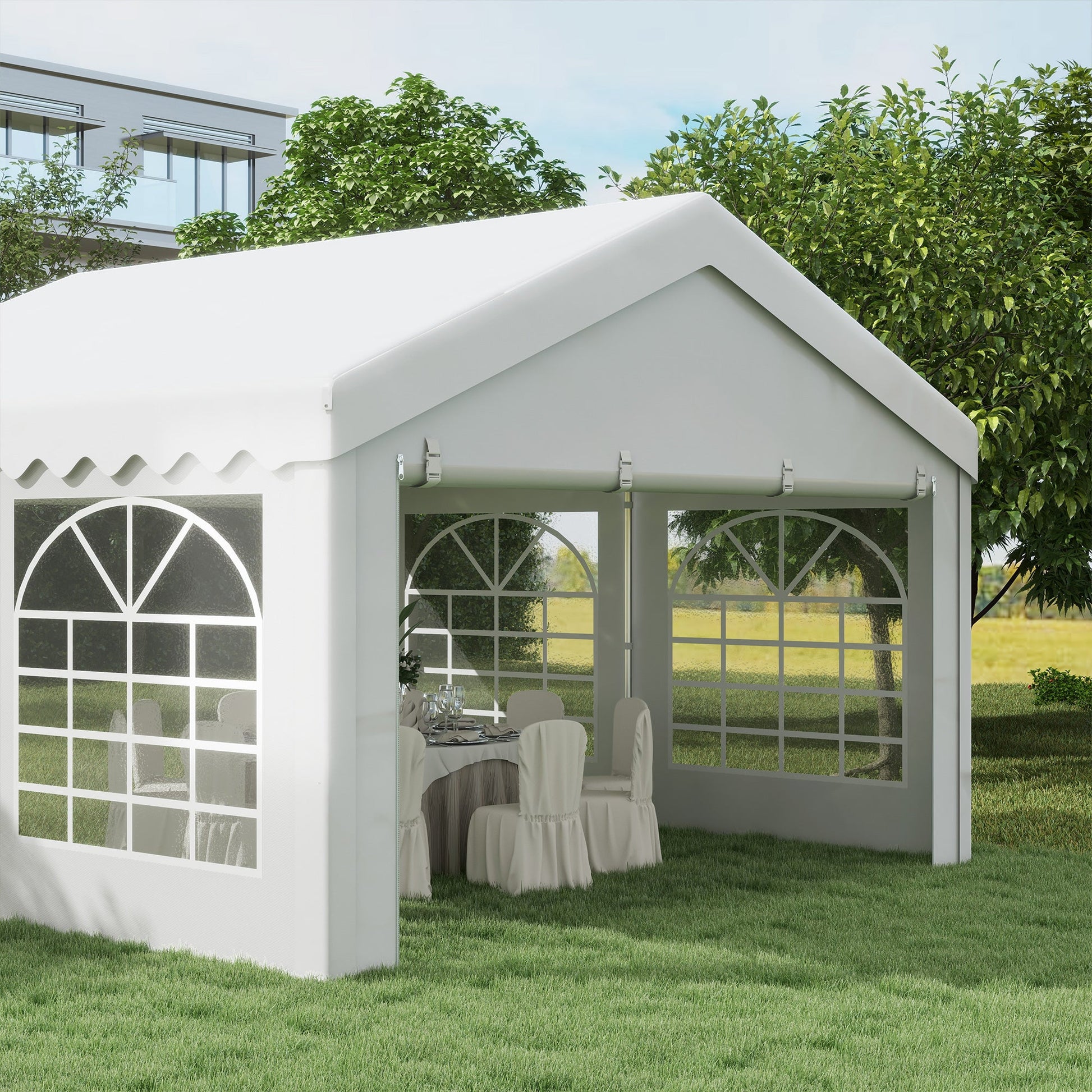 4m x 4m Marquee Party Tent Wedding Canopy, Pop Up Gazebo with Sidewalls, Doors, Windows, Galvanised Garden Gazebo for Parties Events, White