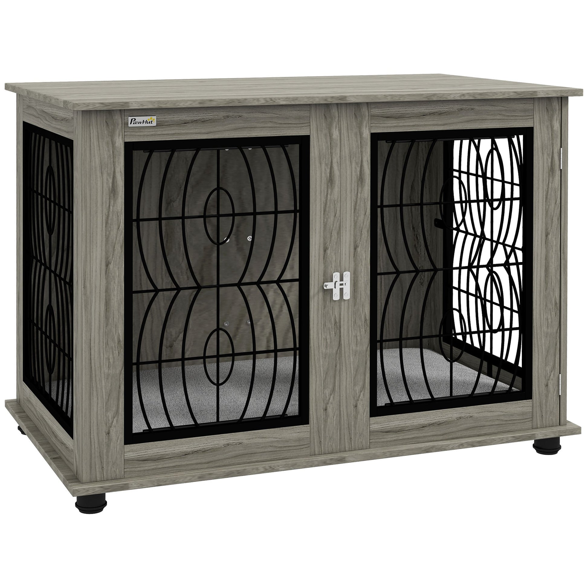 Indoor Dog Crate Furniture End Table with Soft Washable Cushion, Lockable Front Door, for Large Dogs - Grey