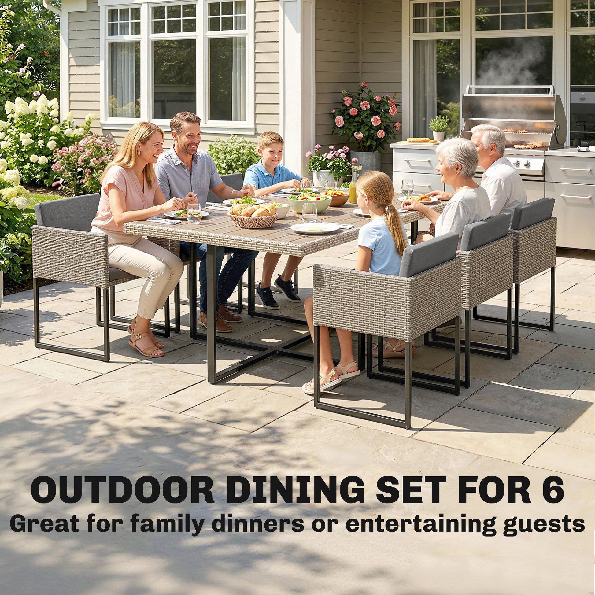 7 Piece Rattan Garden Furniture Set, Garden Dining Set with Wood-Plastic Table and 6 Stackable Chairs, Light Grey