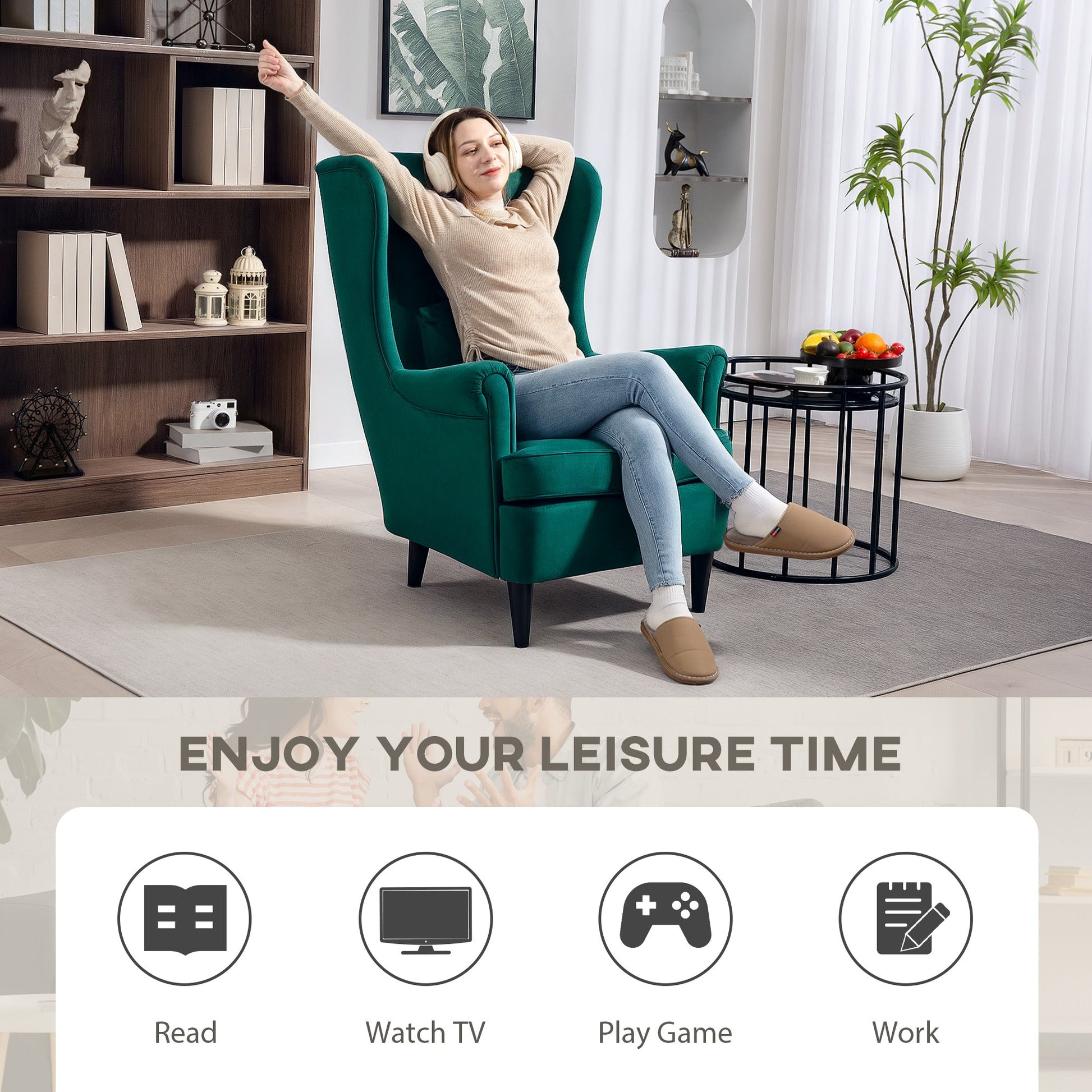 Modern Accent Chair, Upholstered Wingback Armchair with High Backrest and Pillow, Velvet-Feel Fabric Reading Chair with Solid Wood Legs for Living Room, Bedroom, Home Office, Dark Green