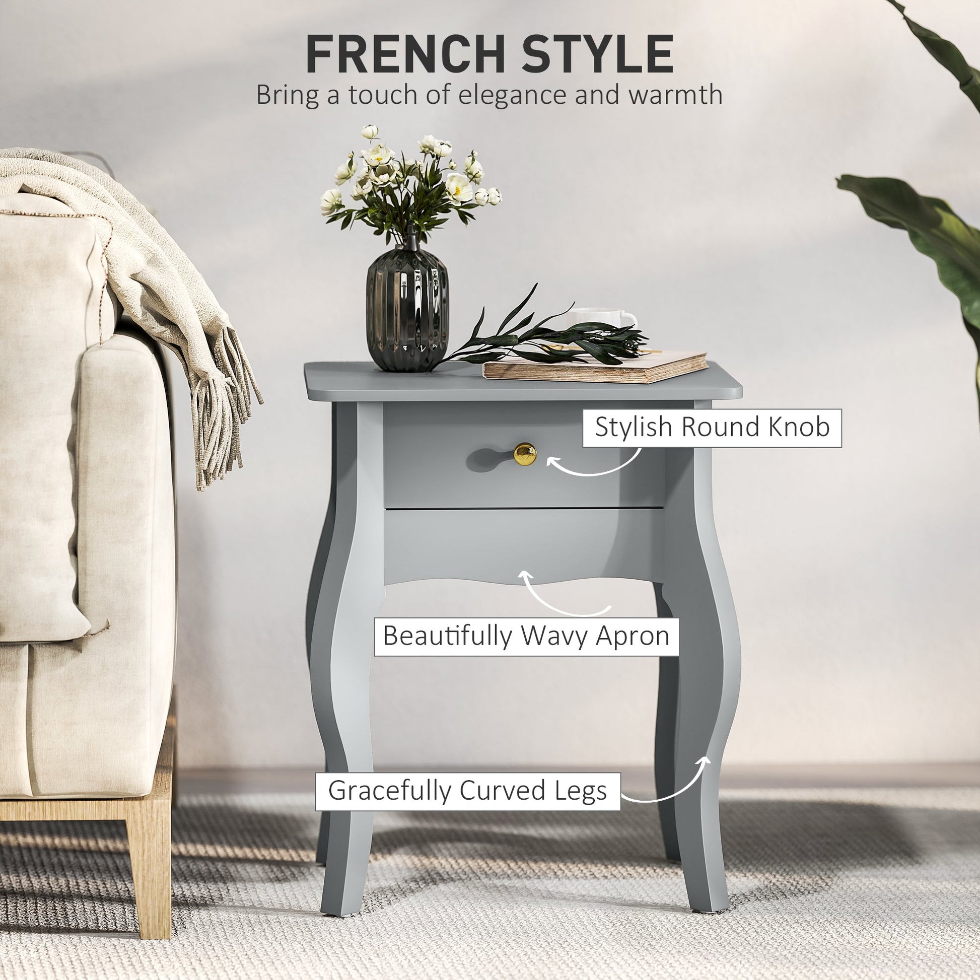 French Style Side Table with Drawer - Grey