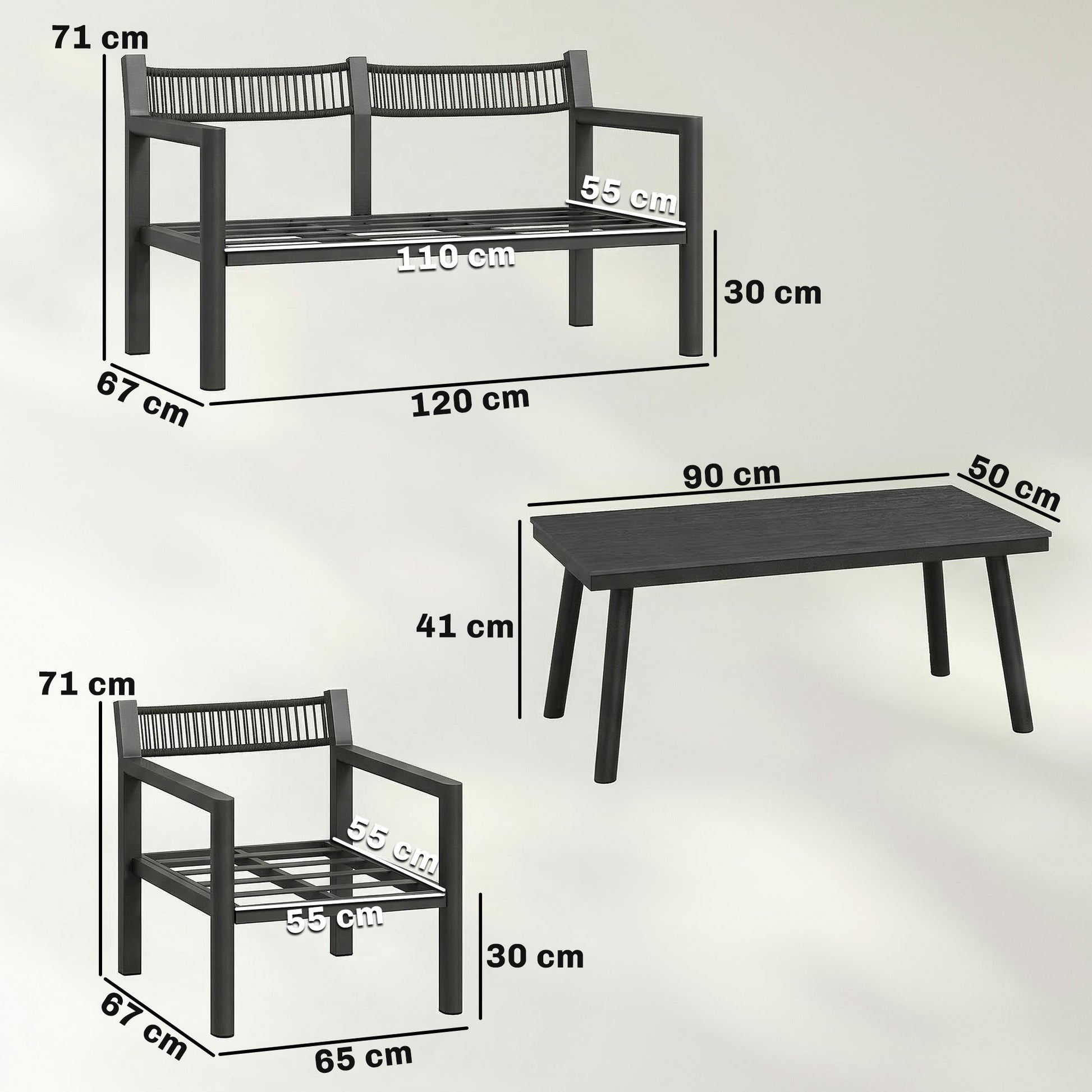 4 Seater Rattan Garden Furniture Set with 2 Armchairs, Loveseat, Coffee Table, Garden Sofa Set with Cushions, Dark Grey