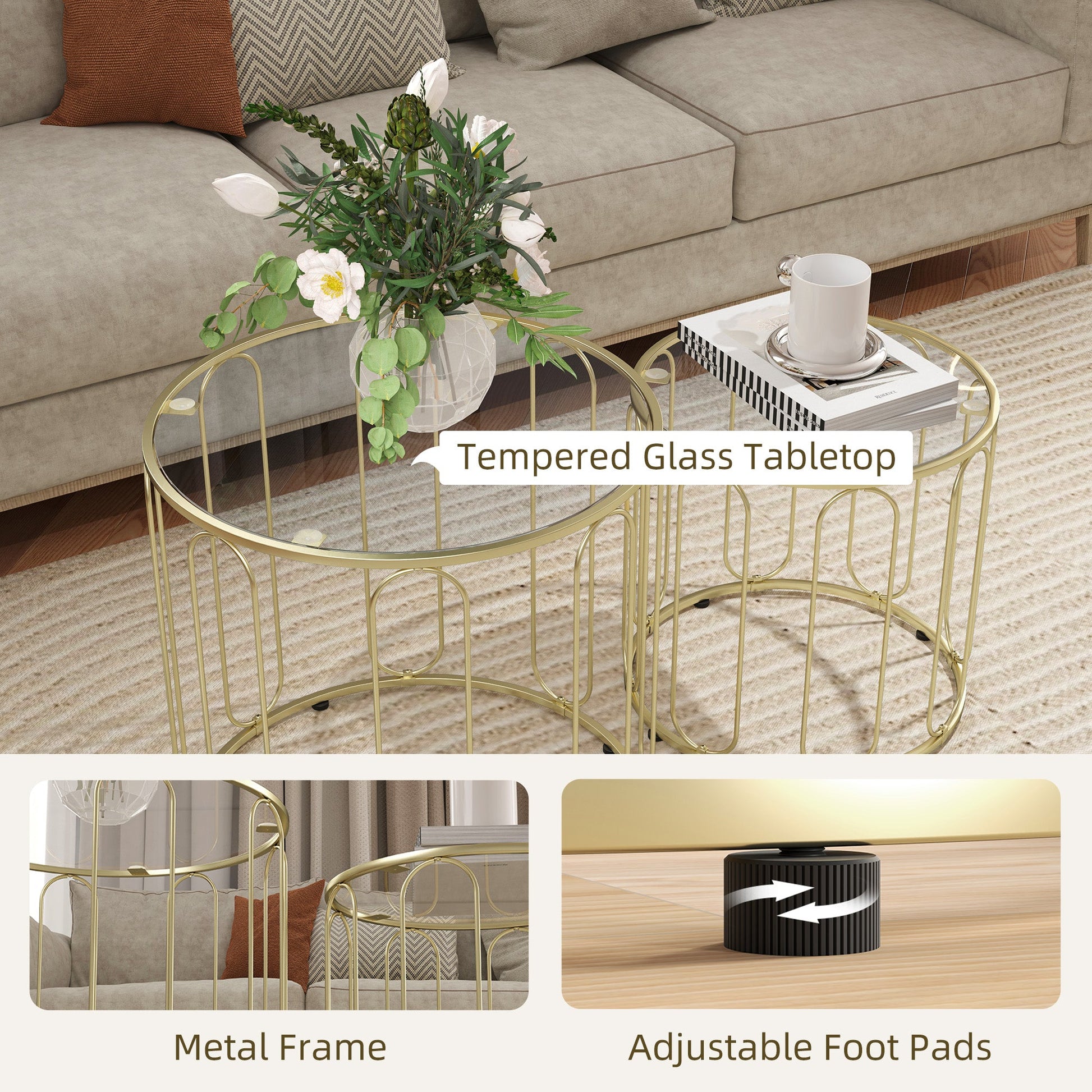 Round Coffee Table Set of 2, Glass Nest of Tables with Metal Frame and Tempered Glass Tabletop, Modern Side Tables for Living Room, Gold Tone