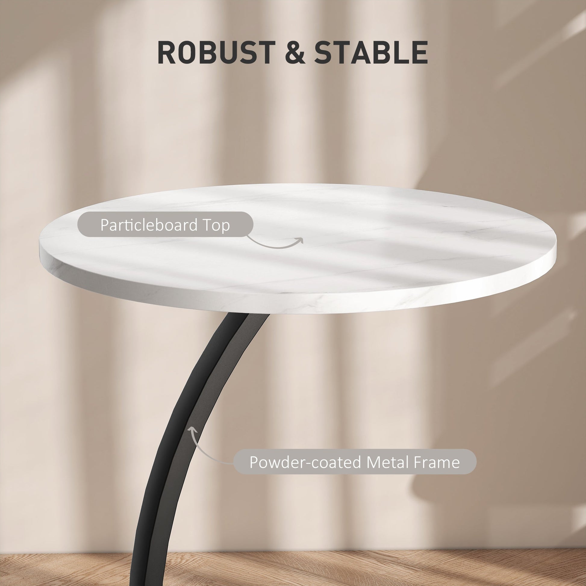 C Shaped Side Table, Round Bedside Table with Marble Effect Top, Modern Coffee Table Sofa End Table with Metal Frame for Living Room Bedroom Office, White