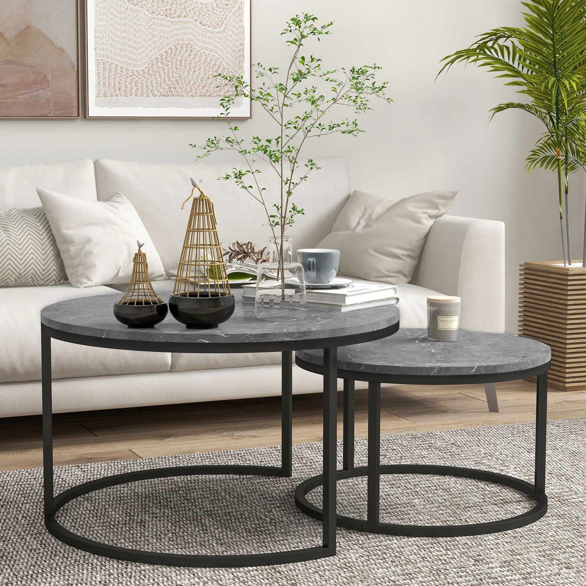 Industrial Nesting Coffee Table Set of 2, Round Coffee Tables, Living Room Table with Faux Marbled Top and Steel Frame