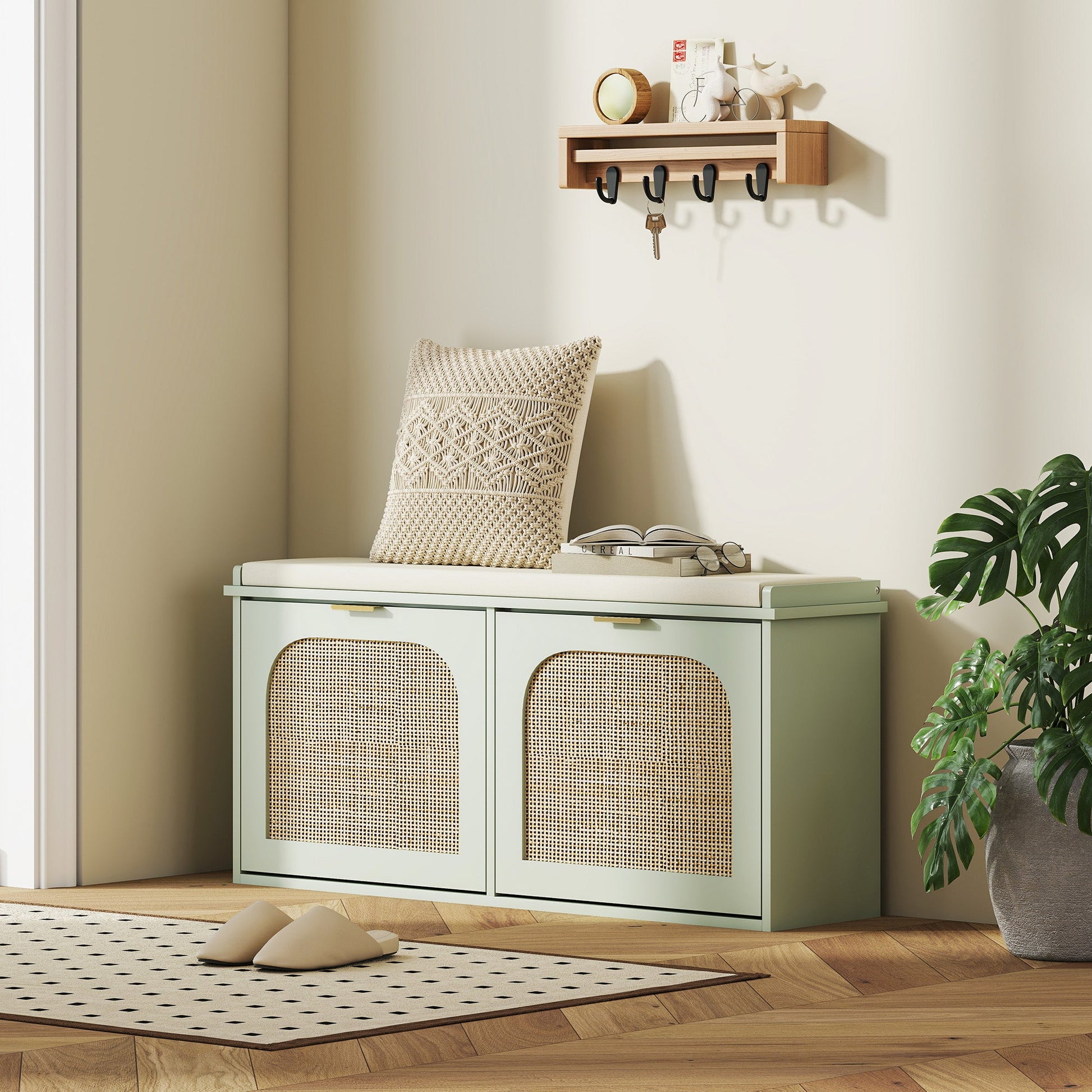 Boho Shoe Bench with Padded Seat and 2 Flip-Drawers - Light Green