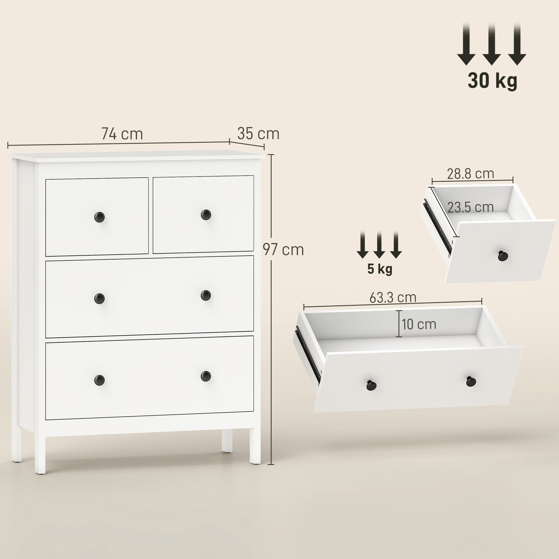 Modern Chest of Drawers, 4 Drawer Dresser Clothes Storage Organiser for Living Room, Hallway, Entryway, White