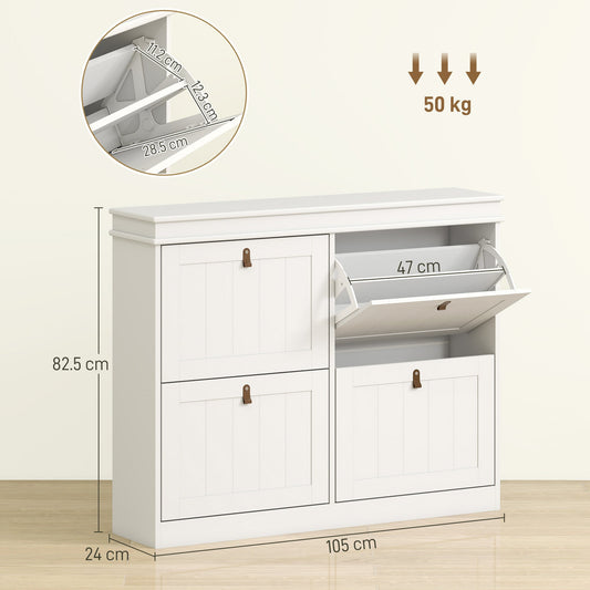 Slim Shoe Cabinet, Shoe Cabinet with 4 Drop-Down Drawers, 105W x 24D x 82.5H cm,  White