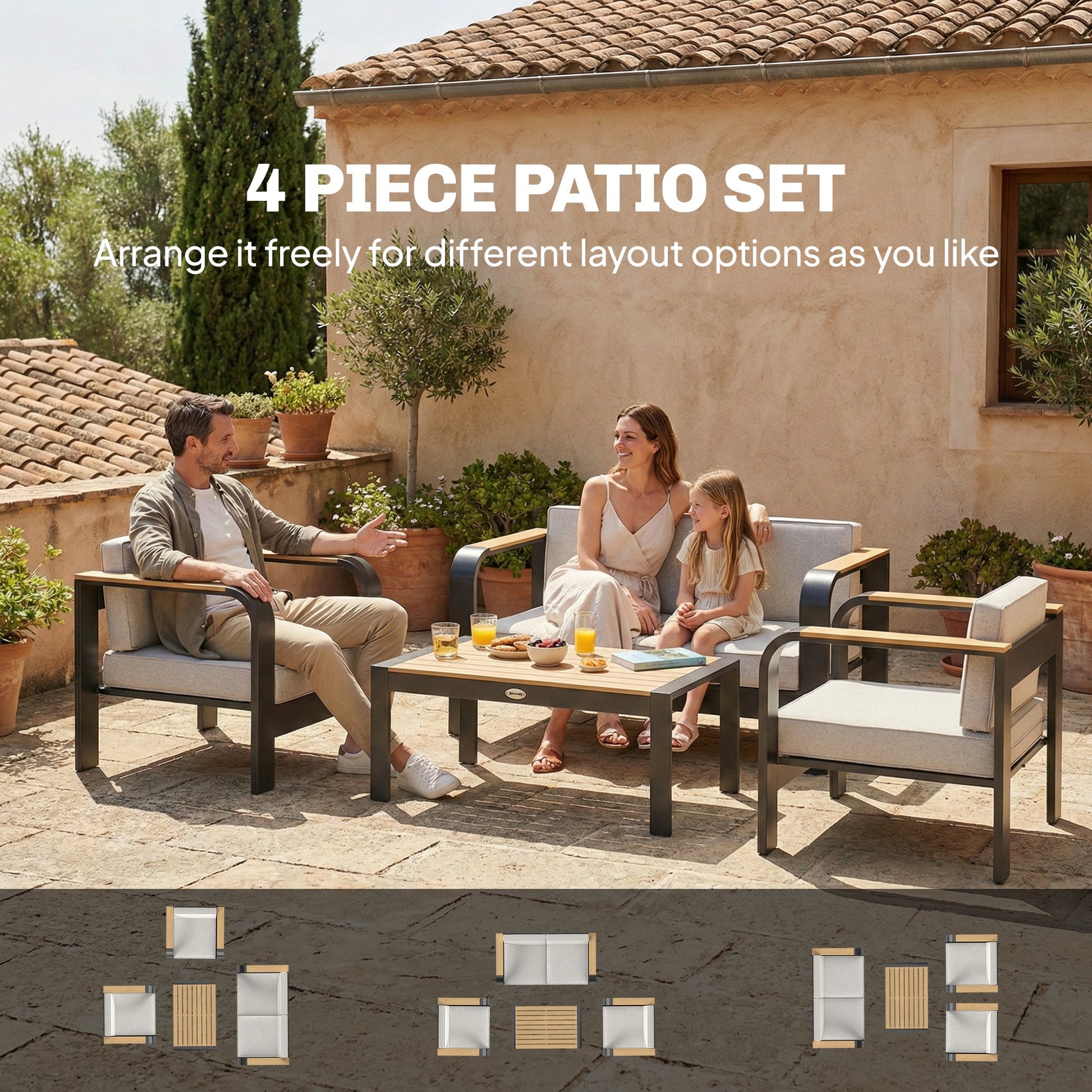 4 Seater Aluminium Garden Furniture Set, Olefin Cushions, Garden Sofa Set with Loveseat, Armchairs, Table, Beige