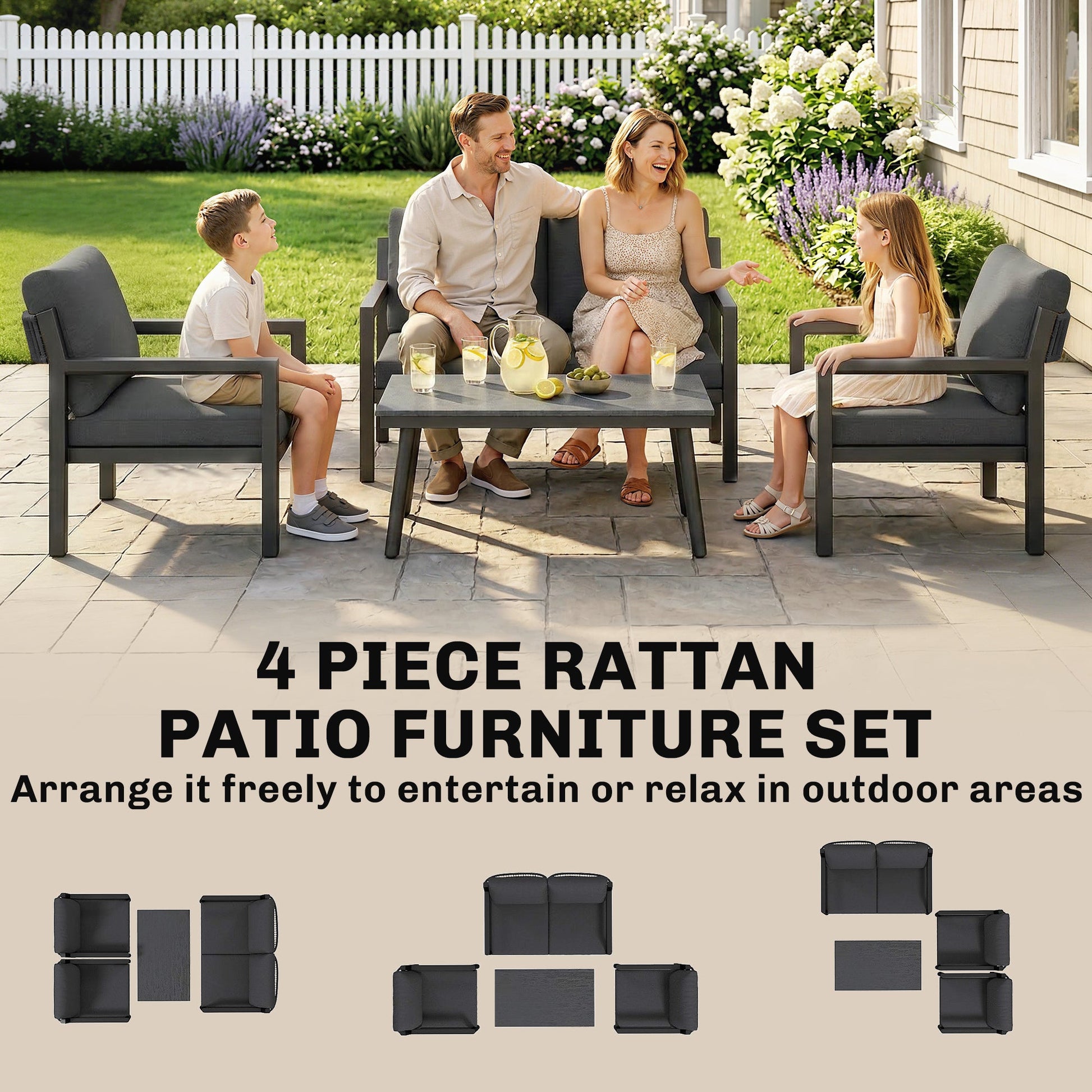 4 Seater Rattan Garden Furniture Set with 2 Armchairs, Loveseat, Coffee Table, Garden Sofa Set with Cushions, Dark Grey