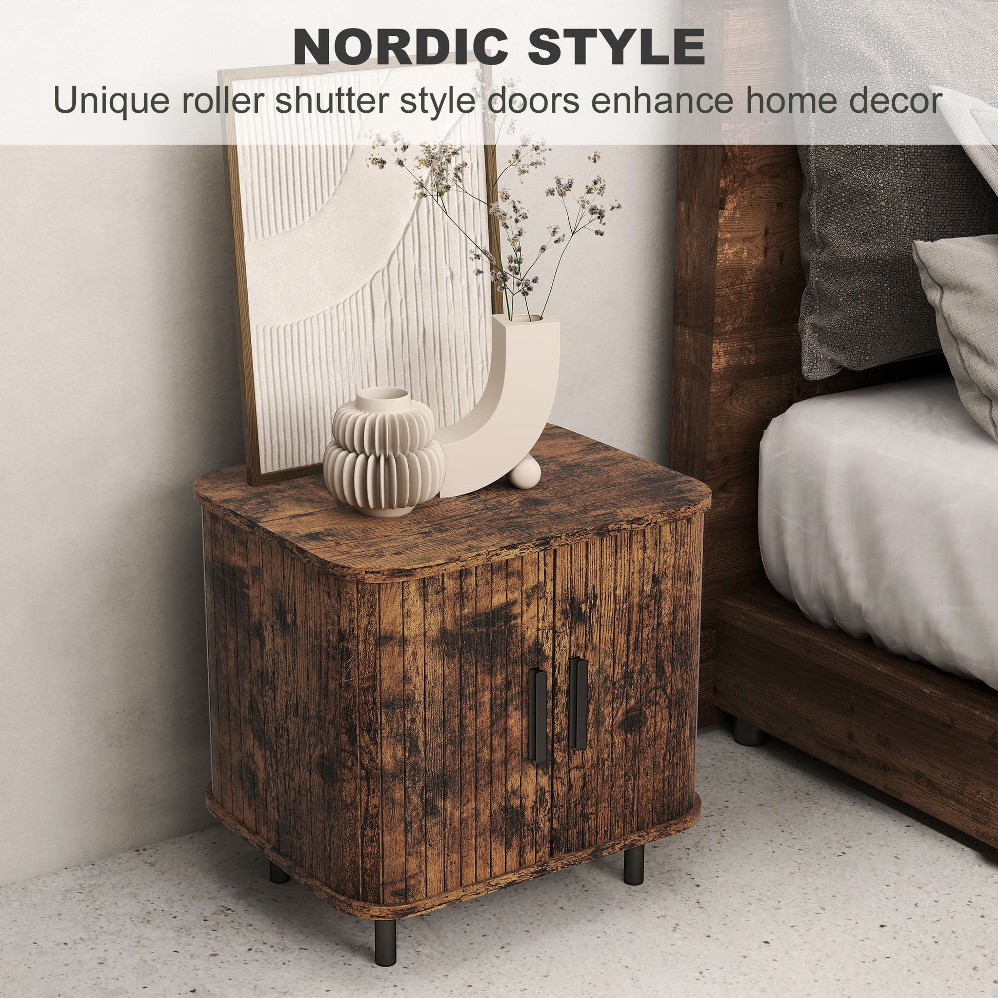 Bedside Table, Nordic Side Table with Roller Shutter Style Sliding Doors and Metal Legs for Bedroom, Living Room, Rustic Brown