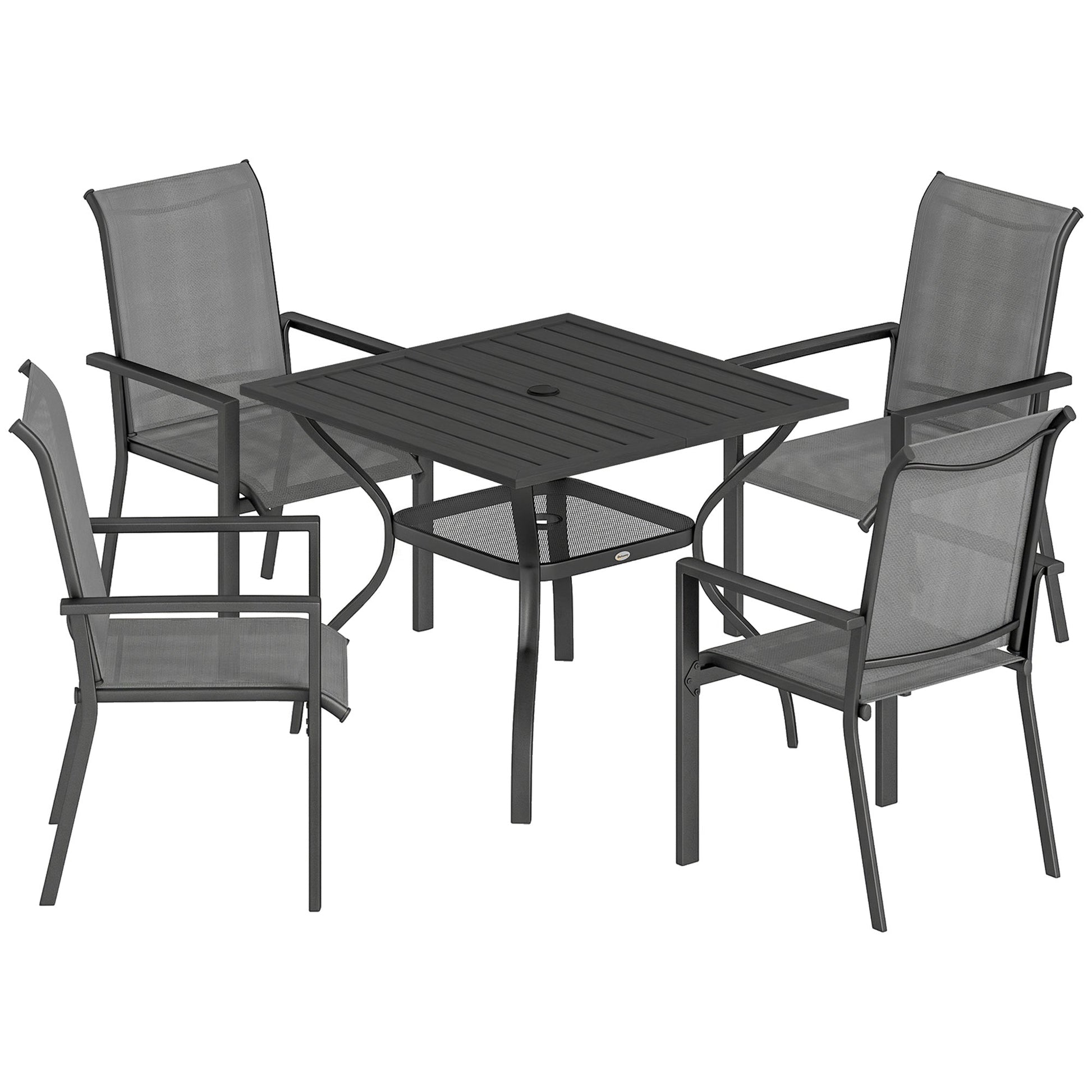 5 Pieces Outdoor Dining Set for 4, Garden Table and Stackable Chairs with Breathable Mesh Seat and Parasol Hole, Grey