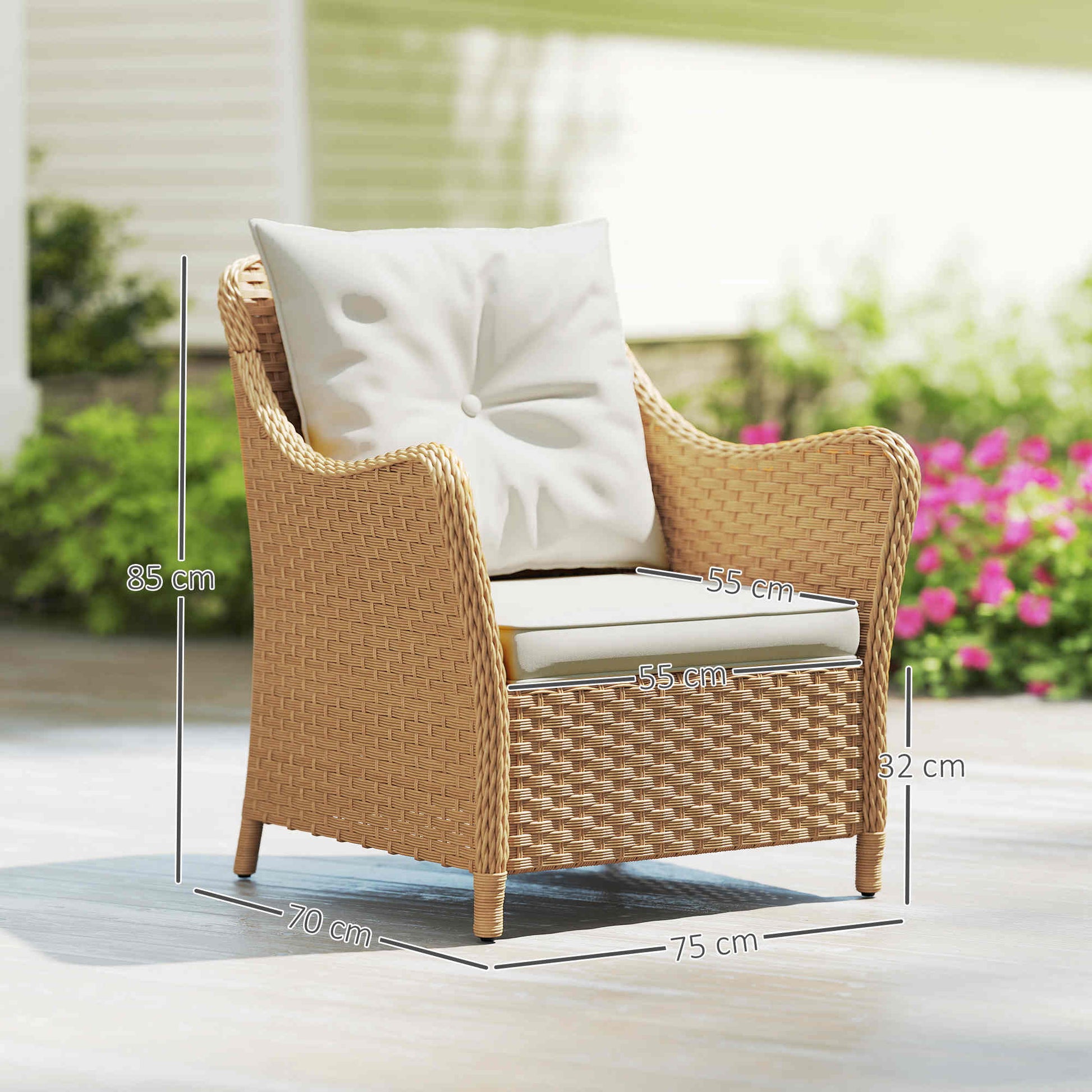 Rattan Garden Chairs Set of 2, Outdoor Rattan Chairs with Cushions, Armrests and High Back, PE Wicker Garden Armchair with Steel Frame for Balcony, Porch, Beige