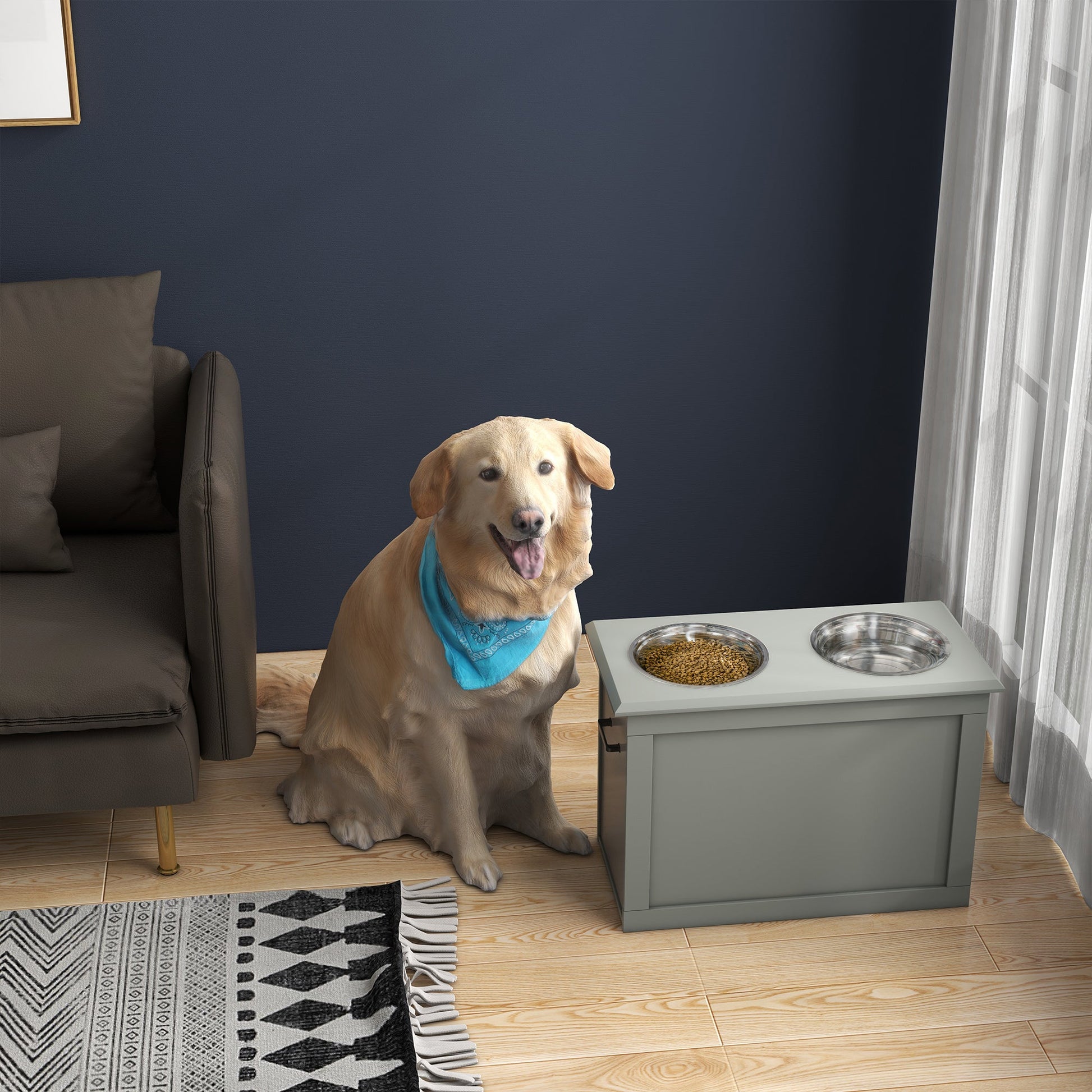 Raised Dog Bowls, with Storage, Two Stainless Steel Bowls, Elevated Base - Grey