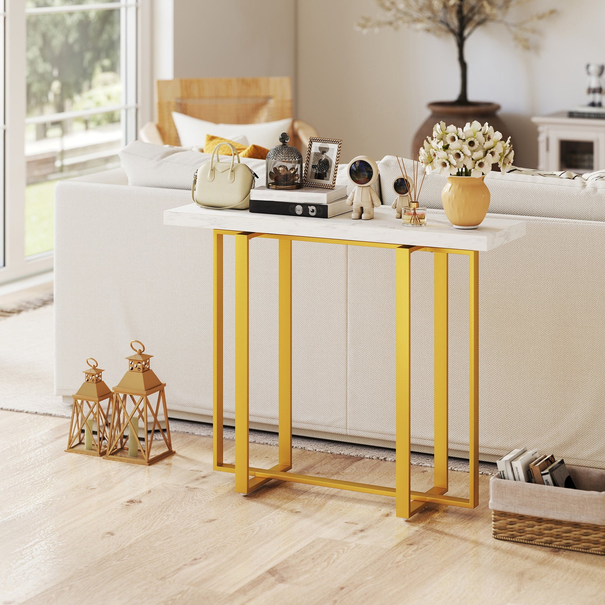 Console Table with Faux Marble Top, 100 cm Narrow Entryway Table with Anti-tipping Device, Steel Frame, White